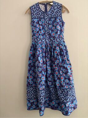 Kate Spade New York Tangier Floral Midi Dress Blue Red Eyelet Trim Size 2 Luxe